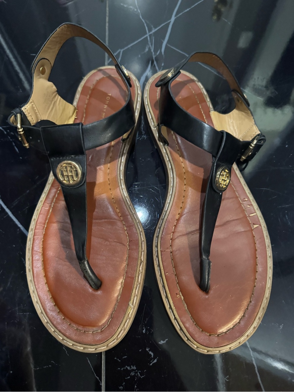 Tommy Hilfiger Black and Brown Leather T-Strap Sandals